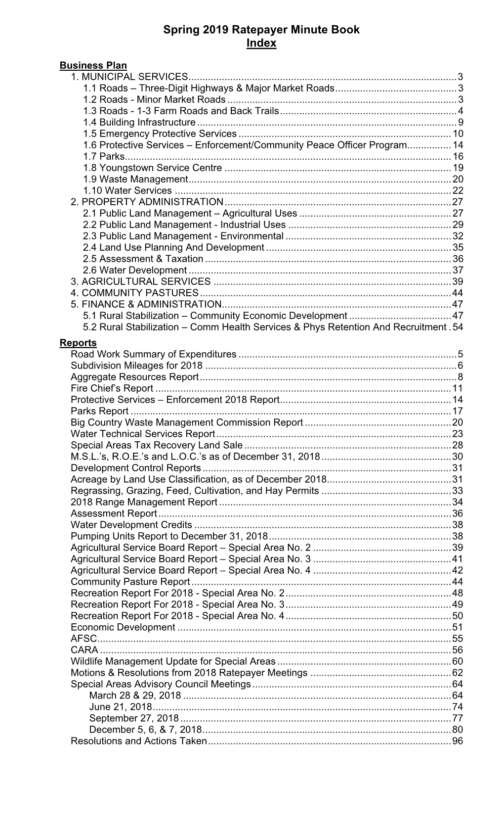 2019 Ratepayer Minute Book Index