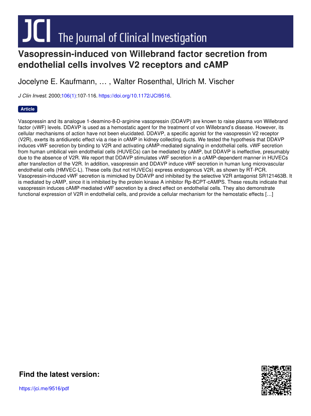 Vasopressin-Induced Von Willebrand Factor Secretion from Endothelial Cells Involves V2 Receptors and Camp