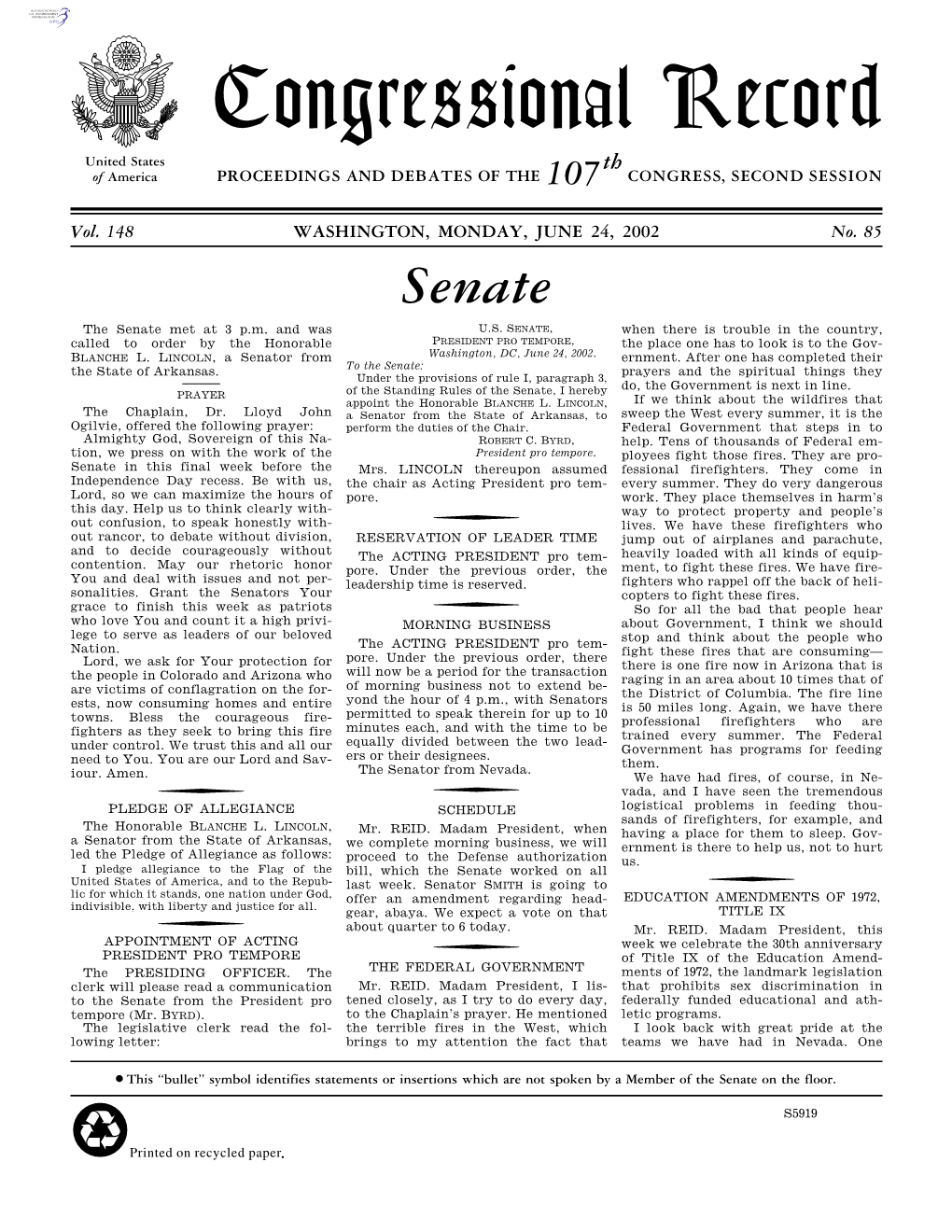 Congressional Record United States Th of America PROCEEDINGS and DEBATES of the 107 CONGRESS, SECOND SESSION