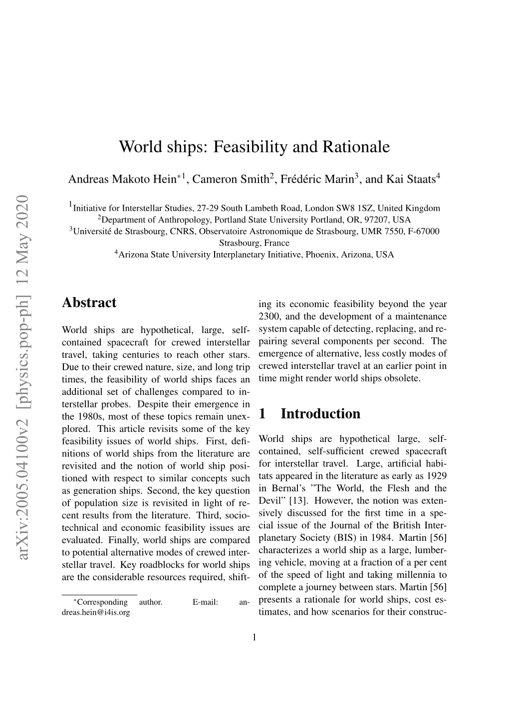 World Ships: Feasibility and Rationale Arxiv:2005.04100V2 [Physics.Pop