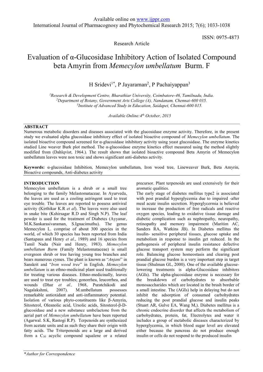 Evaluation of Α-Glucosidase Inhibitory Action of Isolated Compound Beta Amyrin from Memecylon Umbellatum Burm