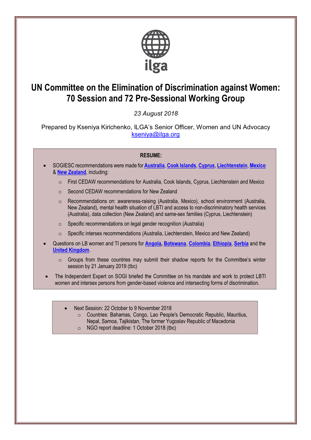 UN Committee on the Elimination of Discrimination Against Women: 70 Session and 72 Pre-Sessional Working Group