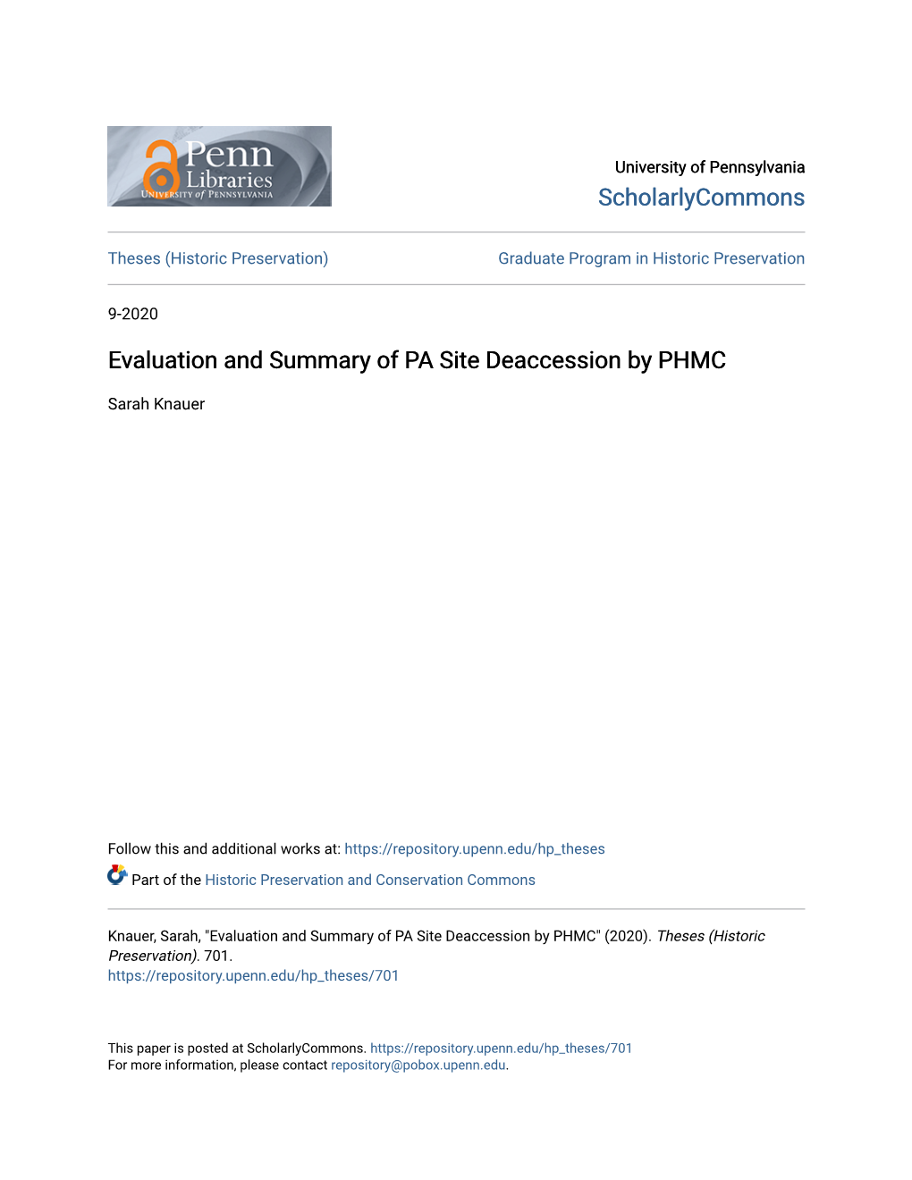 Evaluation and Summary of PA Site Deaccession by PHMC