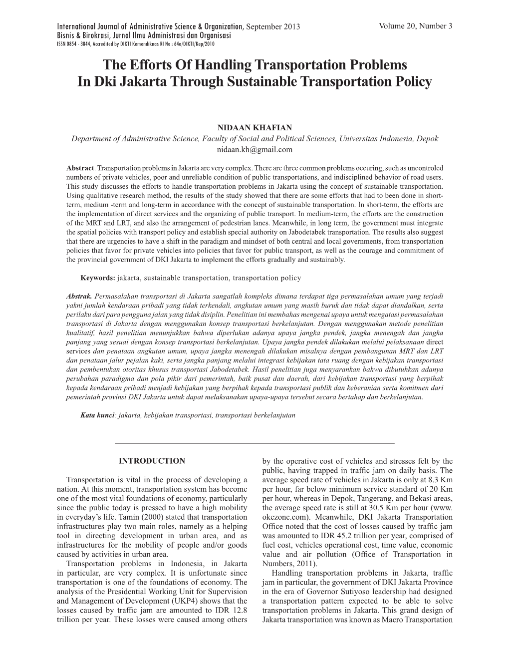 The Efforts of Handling Transportation Problems in Dki Jakarta Through Sustainable Transportation Policy