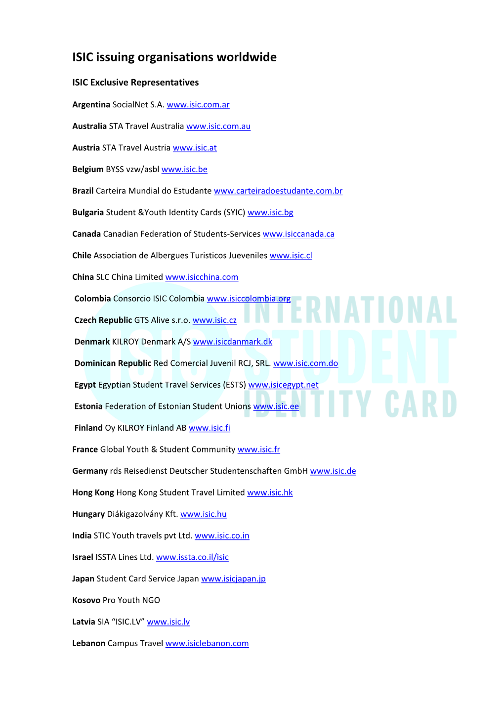 ISIC Issuing Organisations Worldwide