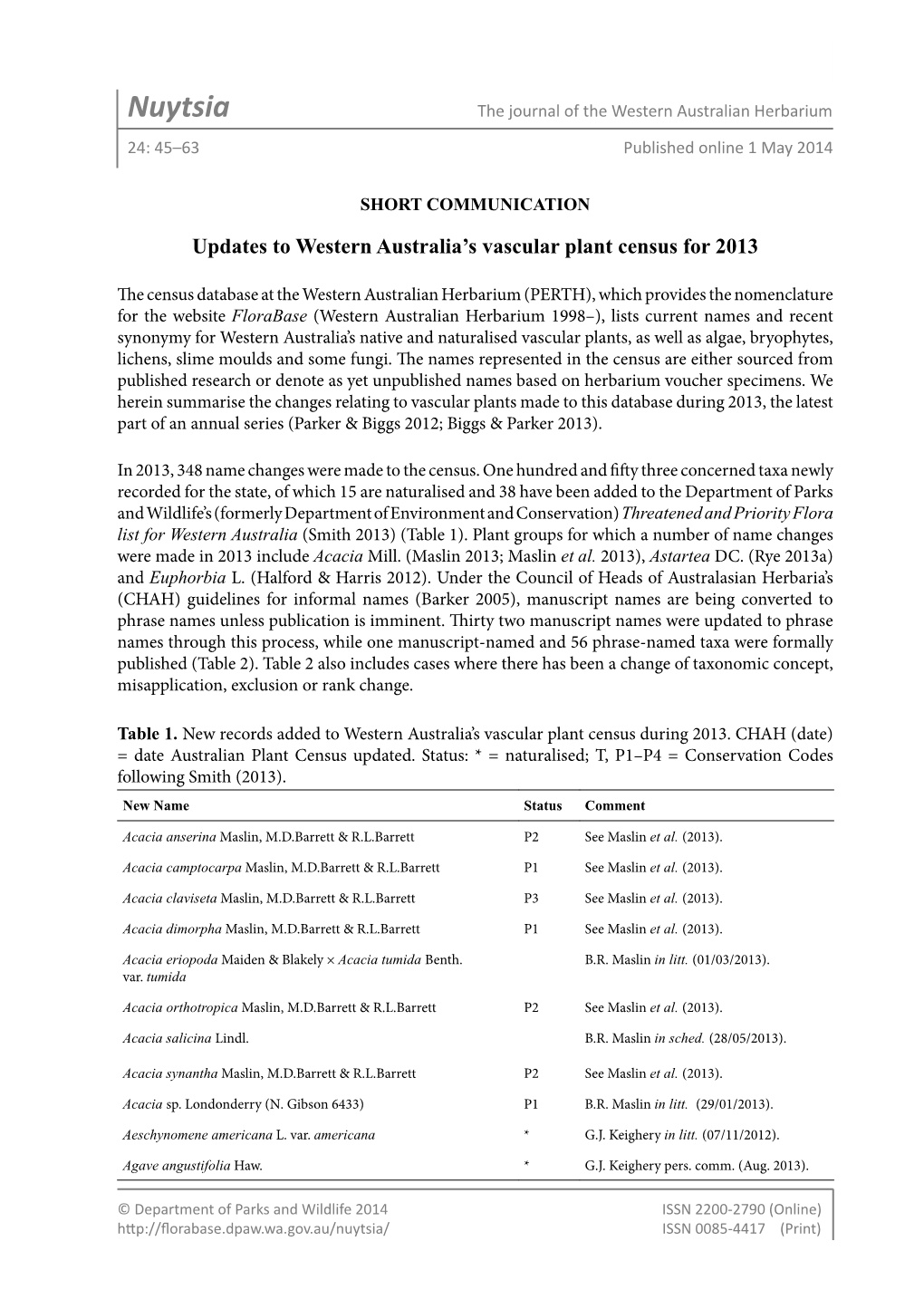 Nuytsia the Journal of the Western Australian Herbarium 24: 45–63 Published Online 1 May 2014