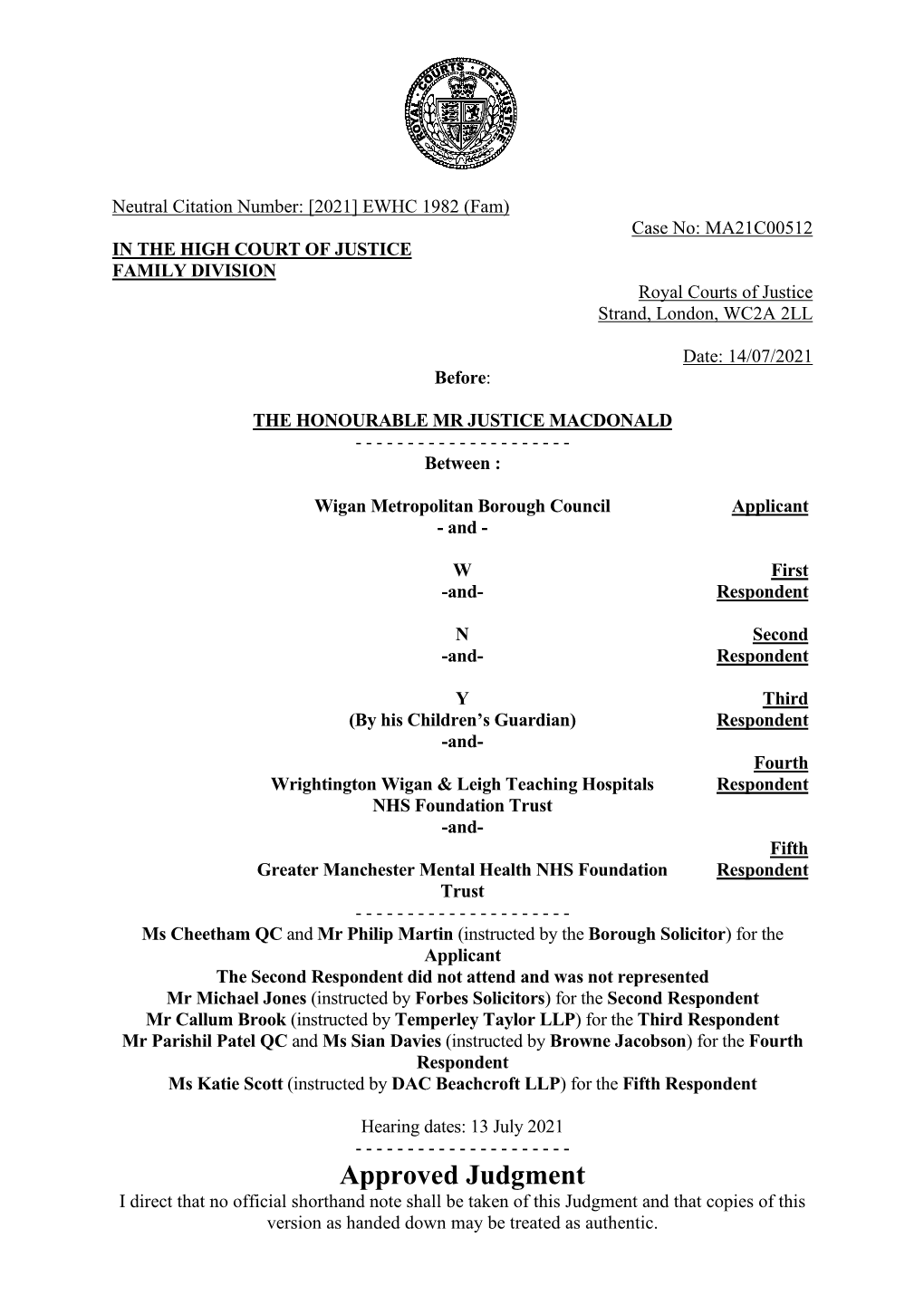 Wigan BC V Y (Refusal to Authorise Deprivation of Liberty) Judgment