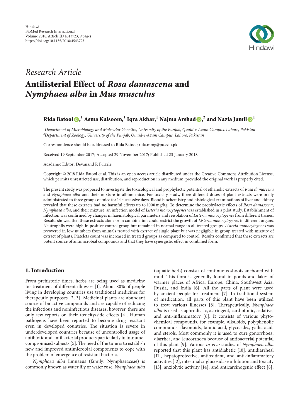Antilisterial Effect of Rosa Damascena and Nymphaea Alba in Mus Musculus