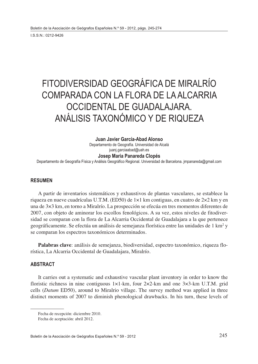 Fitodiversidad Geográfica De Miralrío Comparada Con La Flora De La Alcarria Occidental De Guadalajara