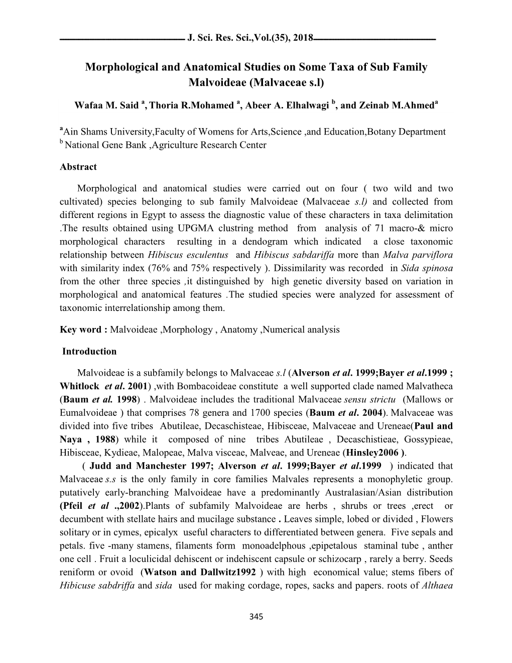 Morphological and Anatomical Studies on Some Taxa of Sub Family Malvoideae (Malvaceae S.L)