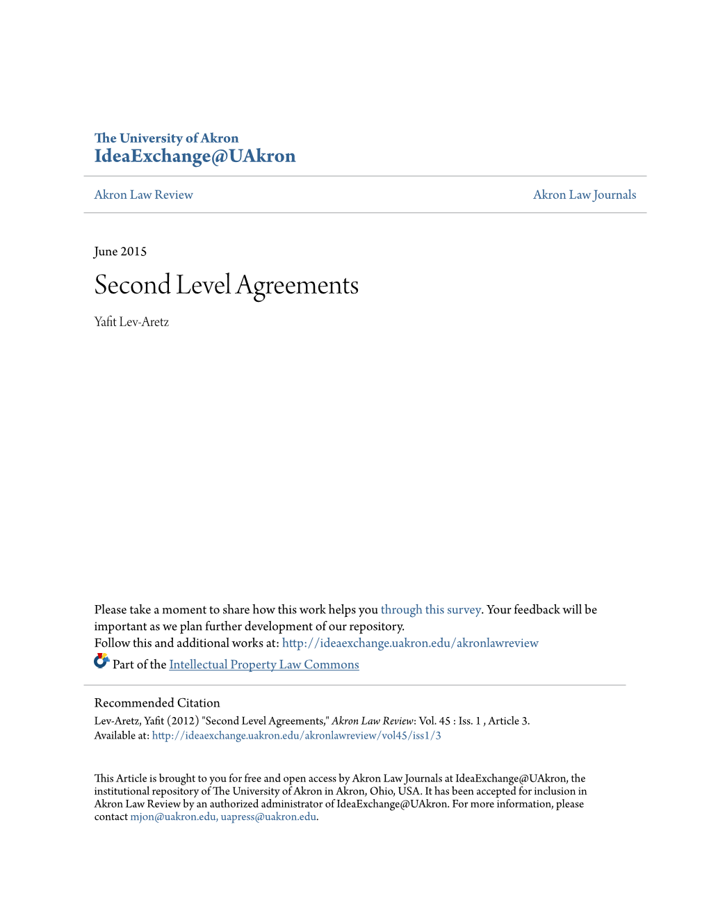 Second Level Agreements Yafit Lev-Aretz