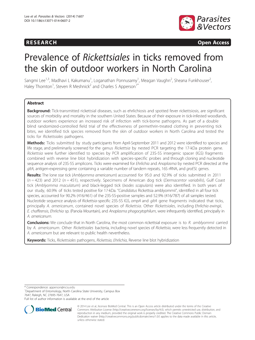 Prevalence of Rickettsiales in Ticks Removed from the Skin of Outdoor Workers in North Carolina