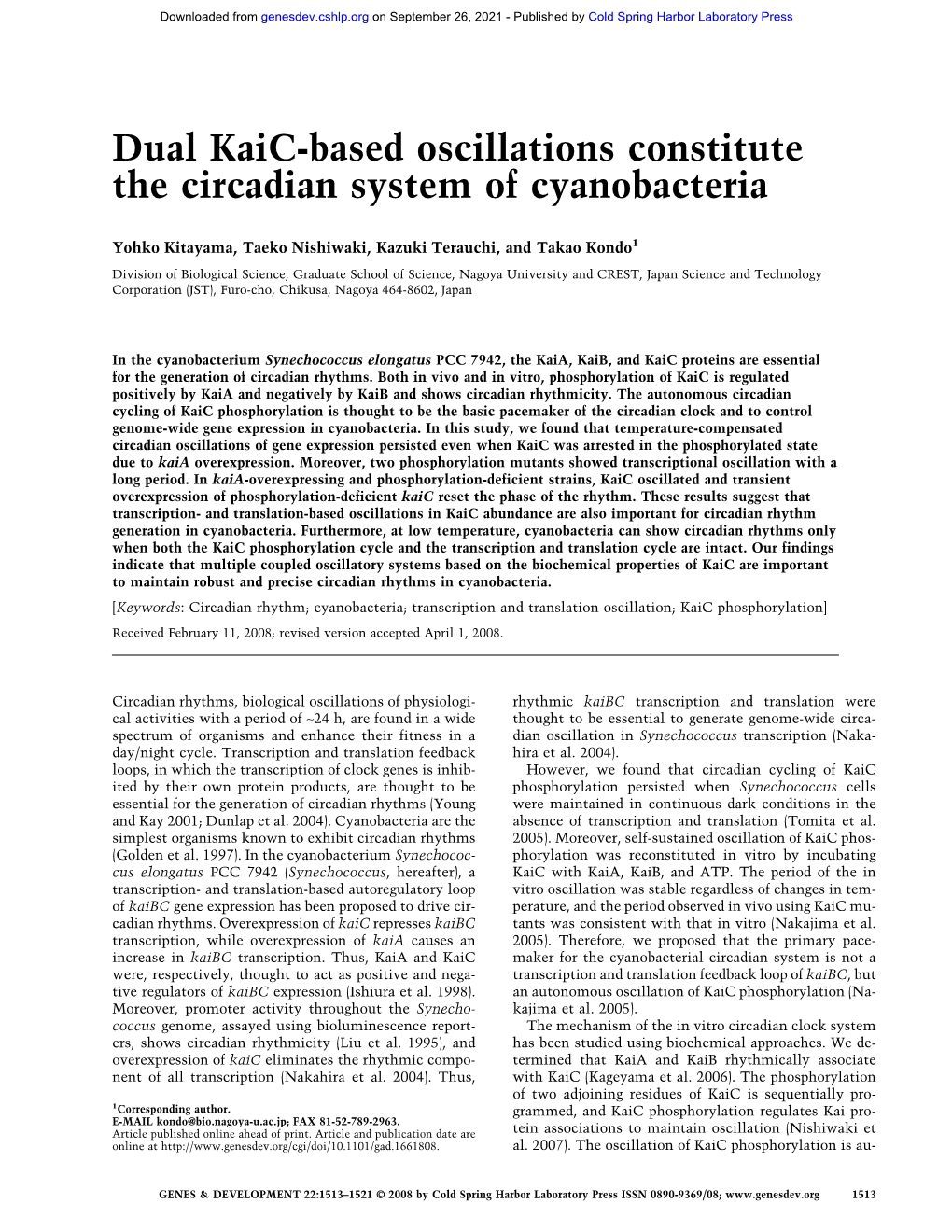 Dual Kaic-Based Oscillations Constitute the Circadian System of Cyanobacteria