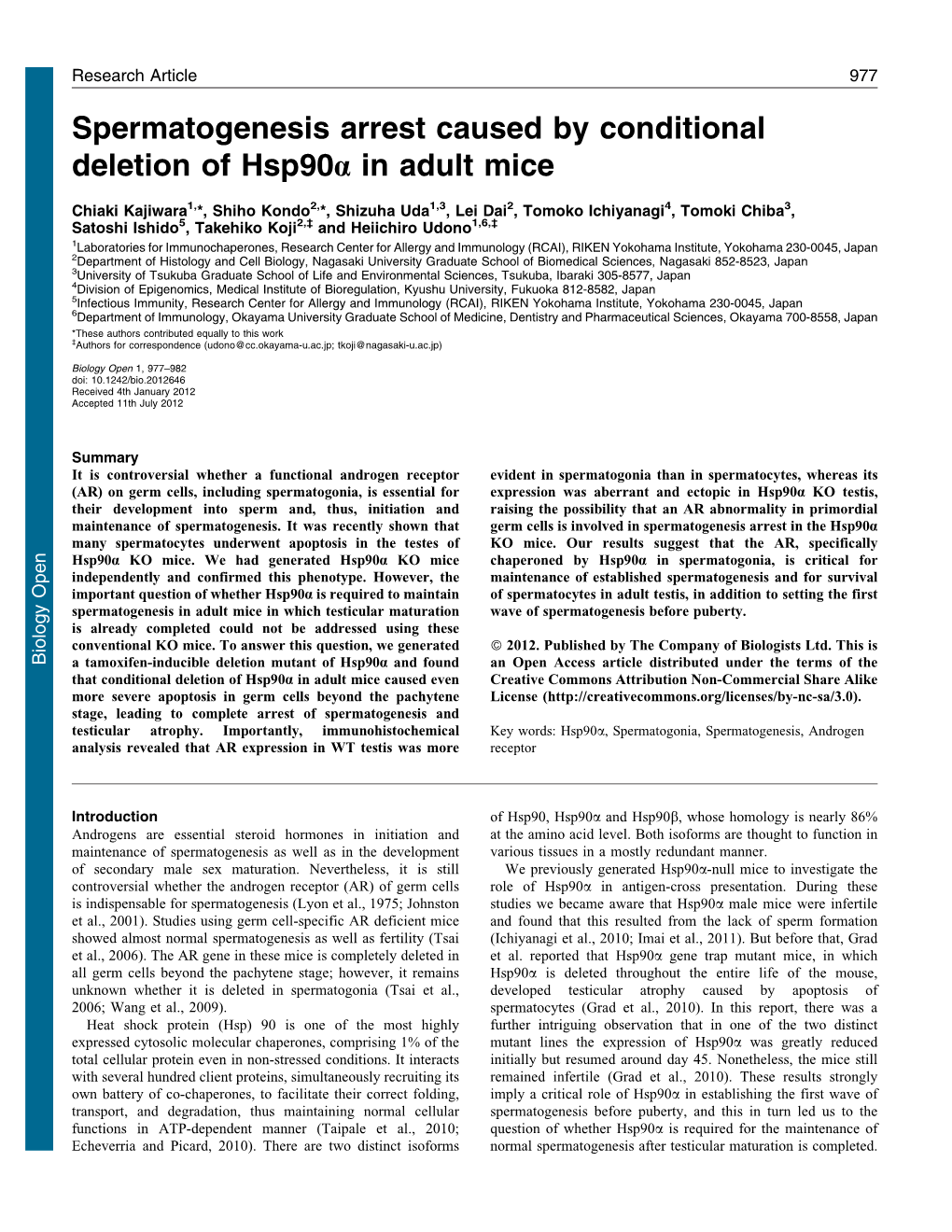 Spermatogenesis Arrest Caused by Conditional Deletion of Hsp90a in Adult Mice