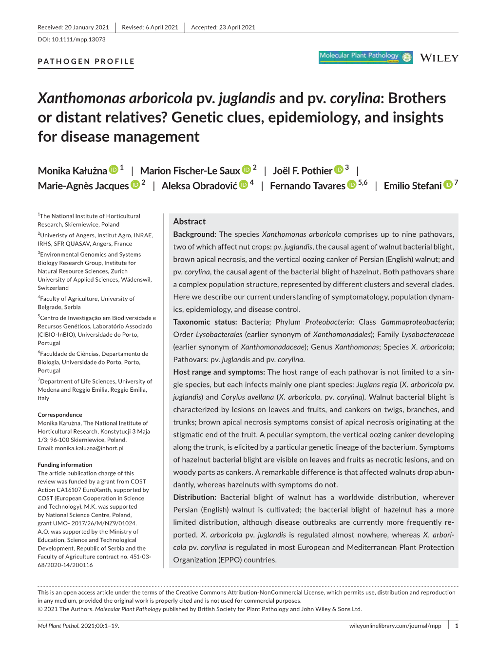 Xanthomonas Arboricola Pv. Juglandis and Pv. Corylina: Brothers Or Distant Relatives? Genetic Clues, Epidemiology, and Insights for Disease Management