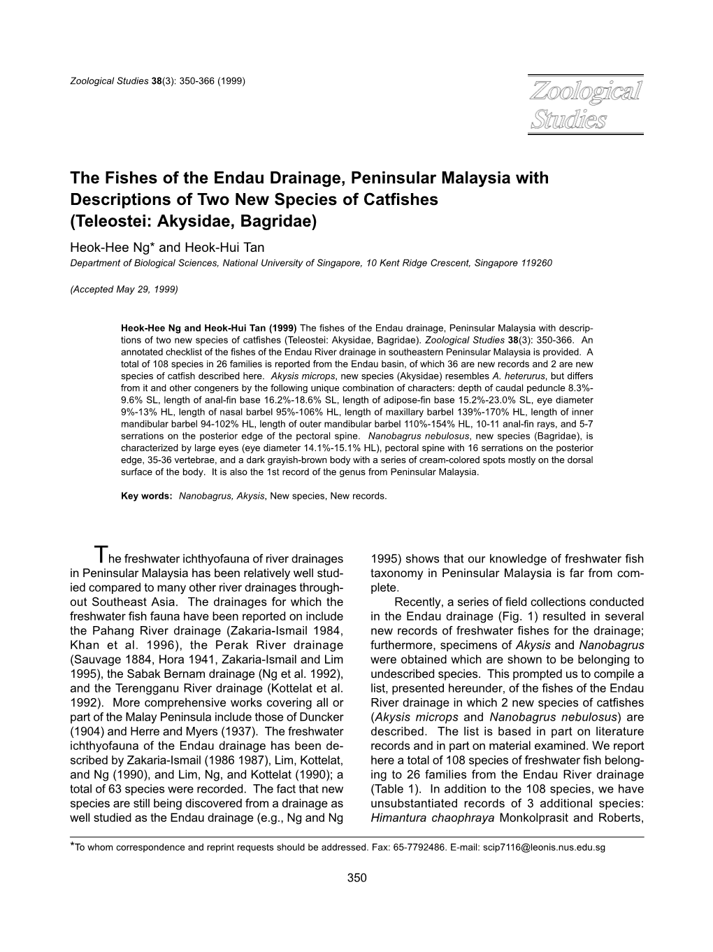 The Fishes of the Endau Drainage, Peninsular Malaysia with Descriptions of Two New Species of Catfishes