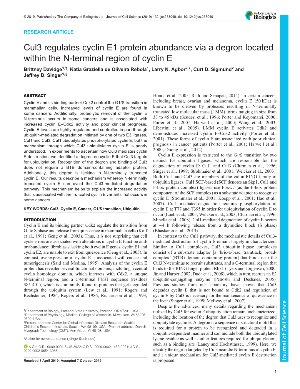 Cul3 Regulates Cyclin E1 Protein Abundance Via a Degron Located