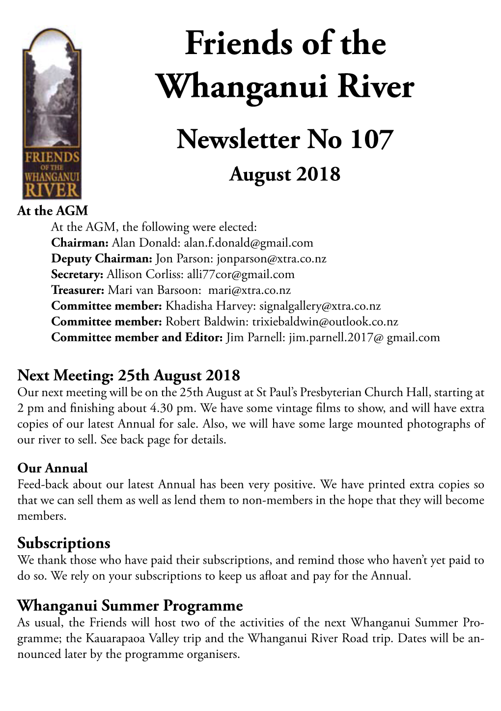 Friends of the Whanganui River Newsletter No 107 August 2018