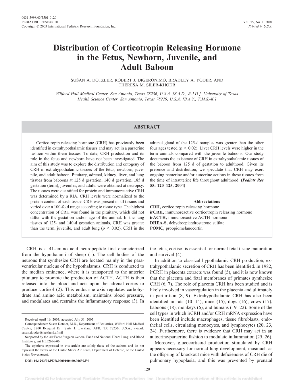 Distribution of Corticotropin Releasing Hormone in the Fetus, Newborn, Juvenile, and Adult Baboon