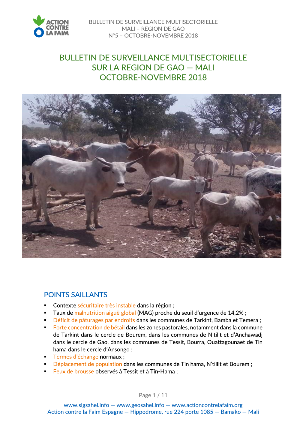 Bulletin De Surveillance Multisectorielle Sur La Region De Gao — Mali Octobre-Novembre 2018