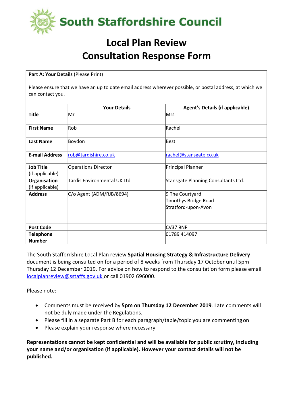 Local Plan Review Consultation Response Form