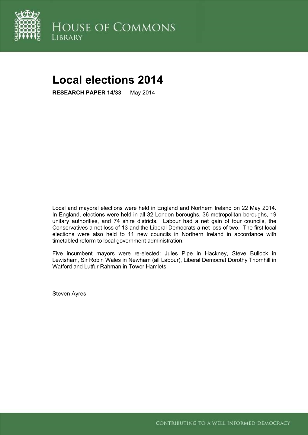 Local Elections 2014 RESEARCH PAPER 14/33 May 2014