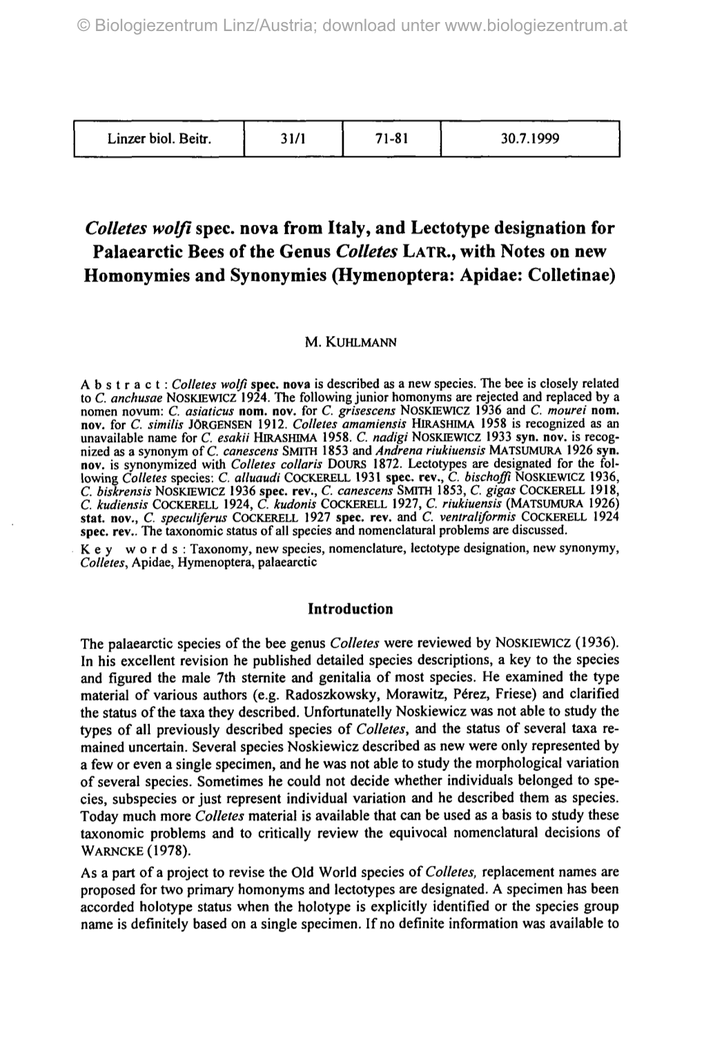 Colletes Wolfi Spec, Nova from Italy, and Lectotype Designation For