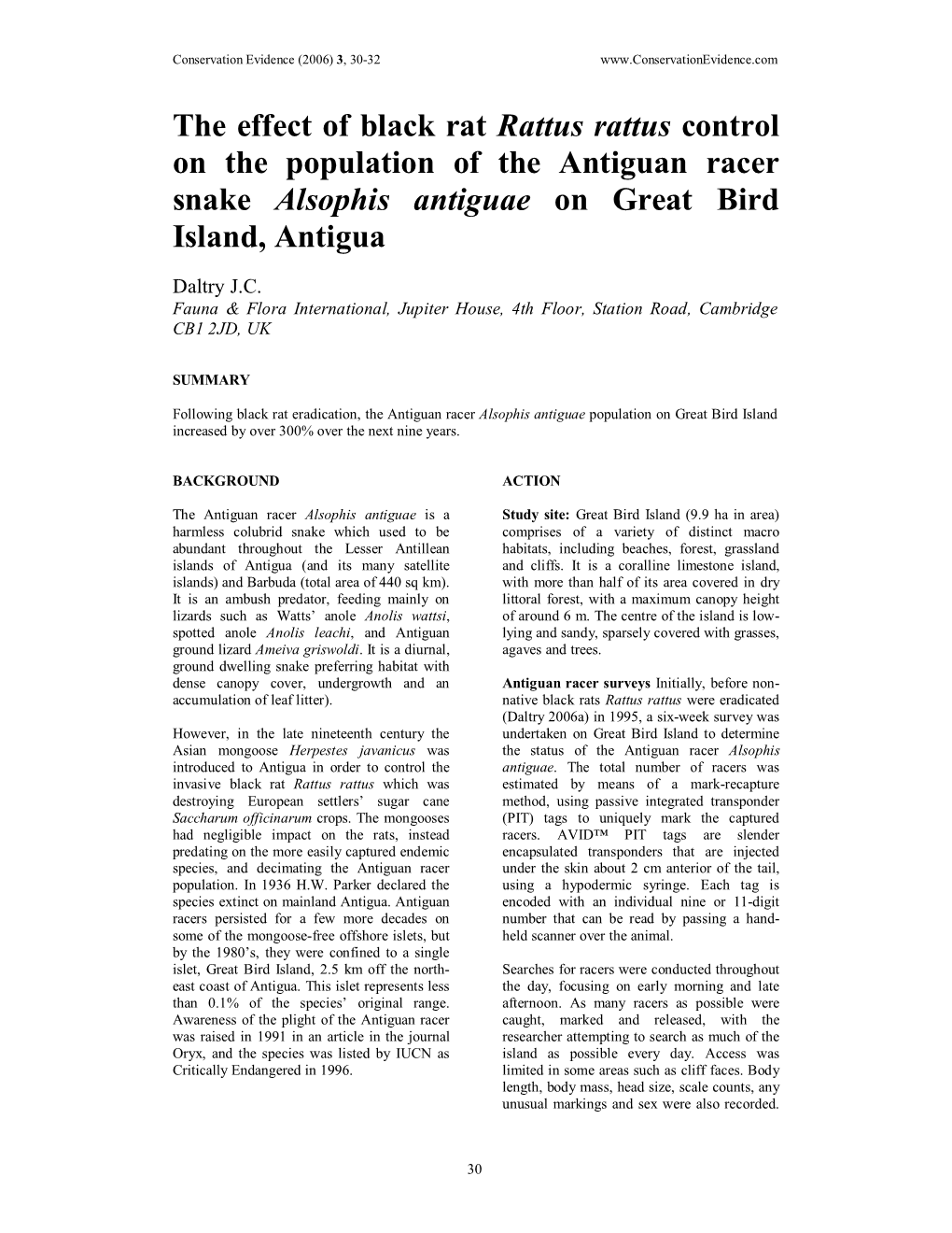 The Effect of Black Rat Rattus Rattus Control on the Population of the Antiguan Racer Snake Alsophis Antiguae on Great Bird Island, Antigua