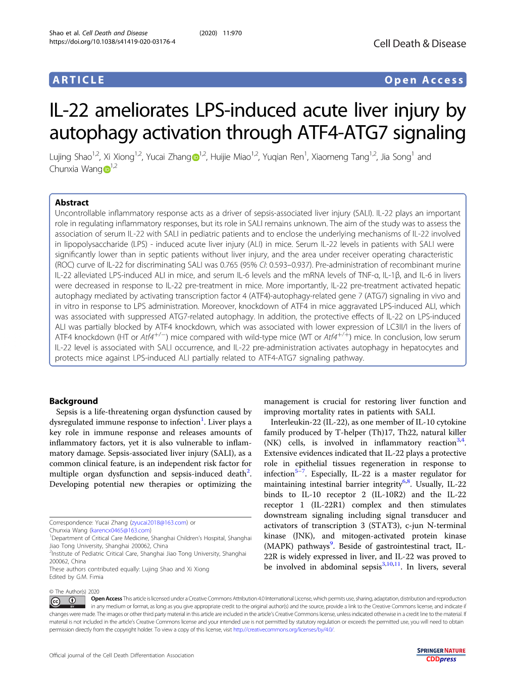 IL-22 Ameliorates LPS-Induced Acute Liver Injury by Autophagy Activation Through ATF4-ATG7 Signaling