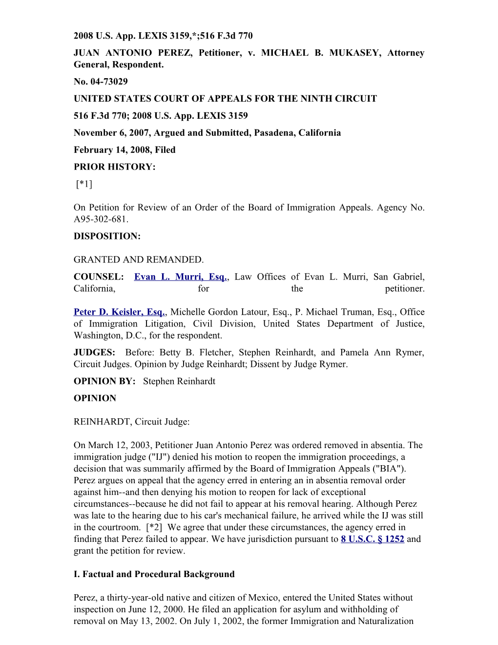 JUAN ANTONIO PEREZ, Petitioner, V. MICHAEL B. MUKASEY, Attorney General, Respondent