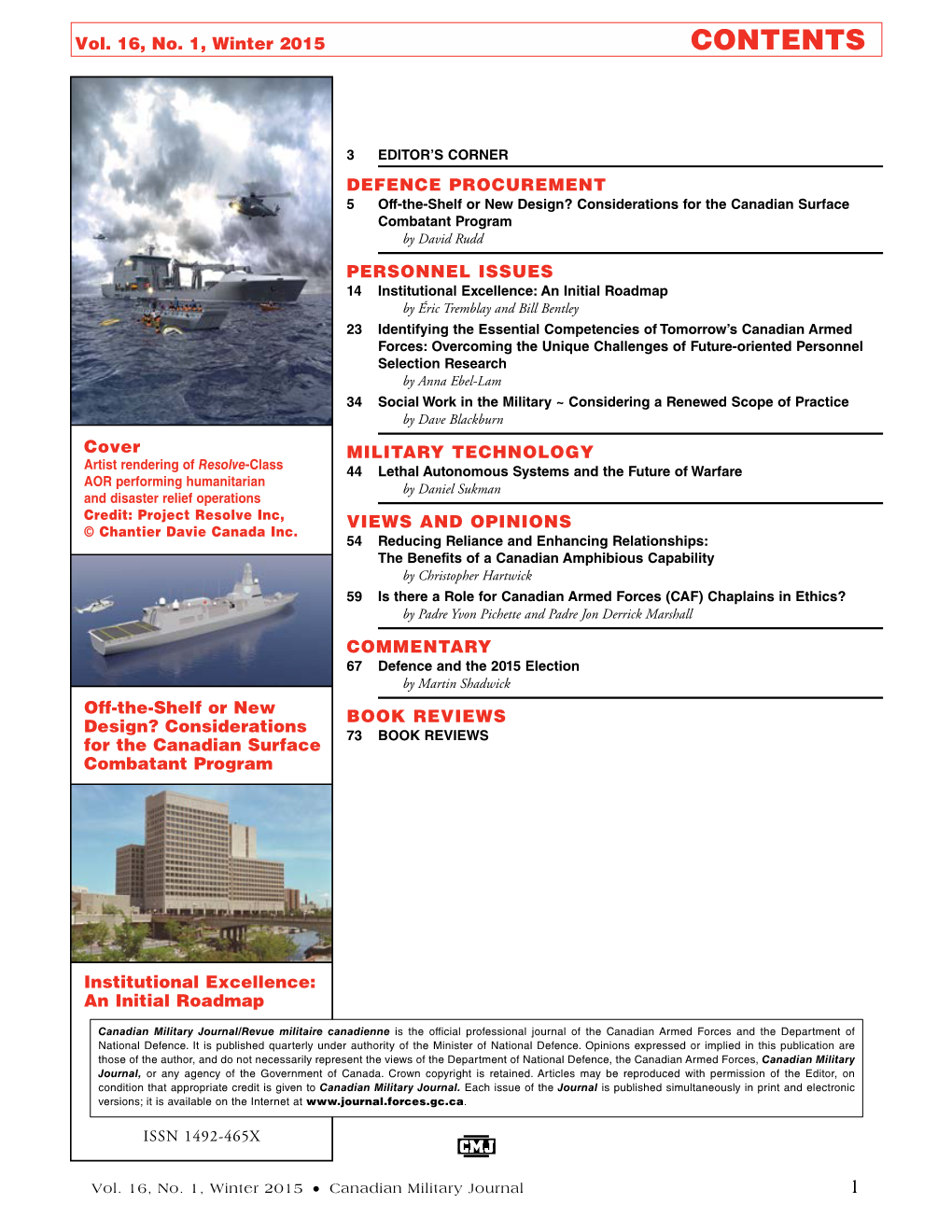 Canadian Military Journal, Issue 16, No 1