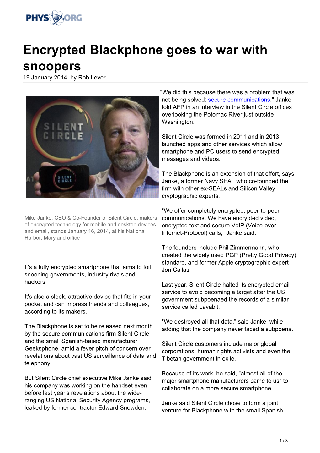 Encrypted Blackphone Goes to War with Snoopers 19 January 2014, by Rob Lever