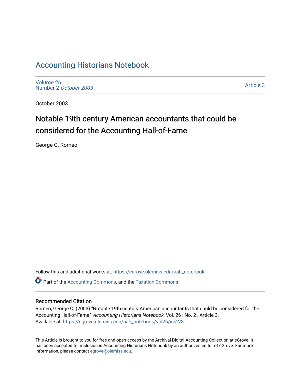 Notable 19Th Century American Accountants That Could Be Considered for the Accounting Hall-Of-Fame