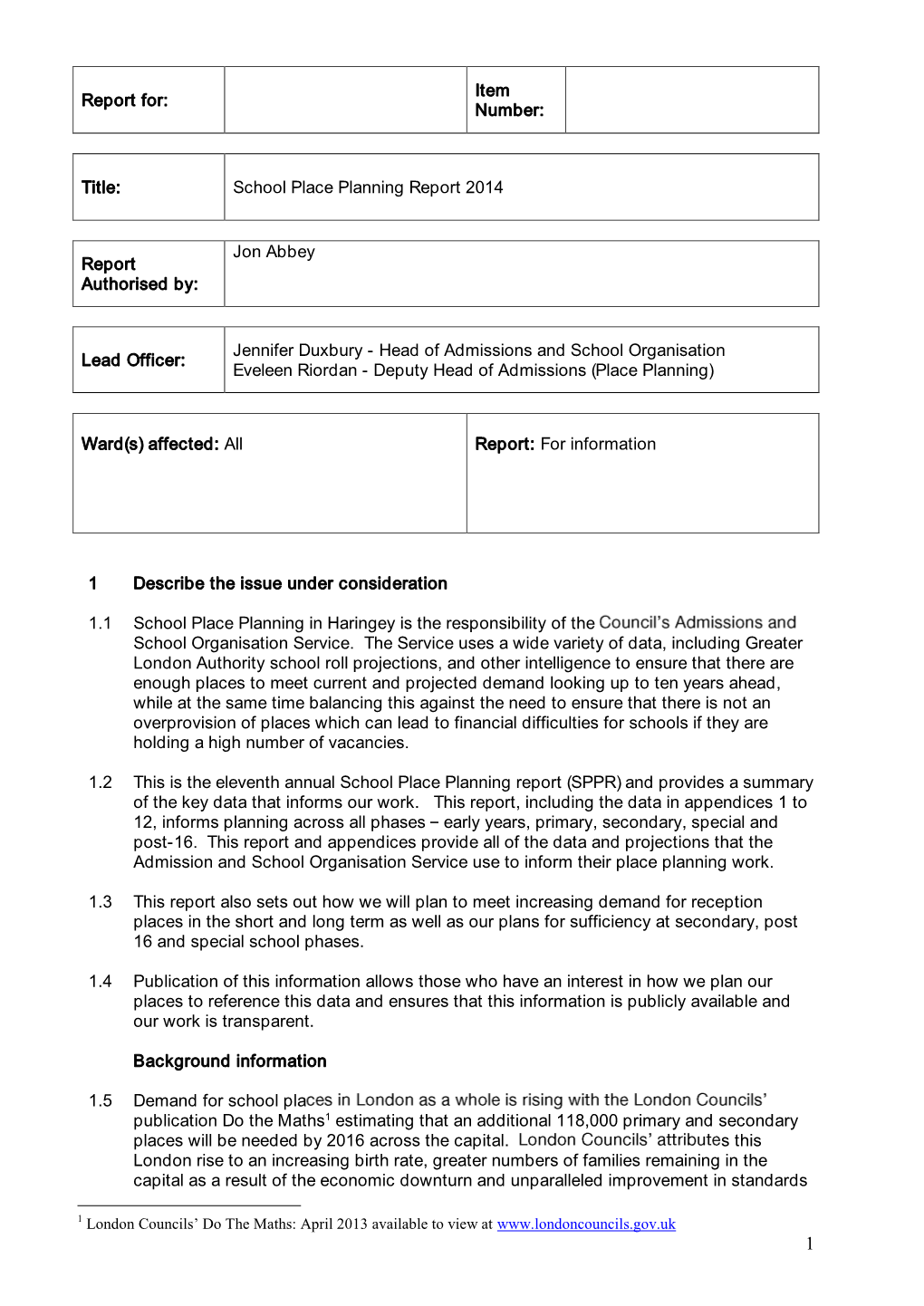 School Place Planning Report 2014