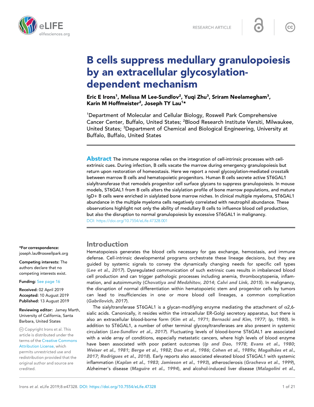 B Cells Suppress Medullary Granulopoiesis by an Extracellular Glycosylation- Dependent Mechanism