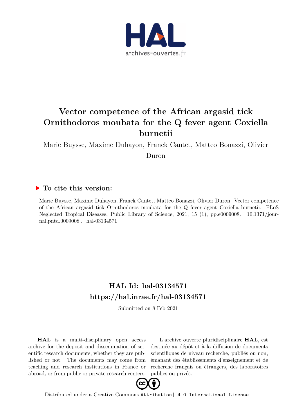 Vector Competence of the African Argasid Tick Ornithodoros Moubata