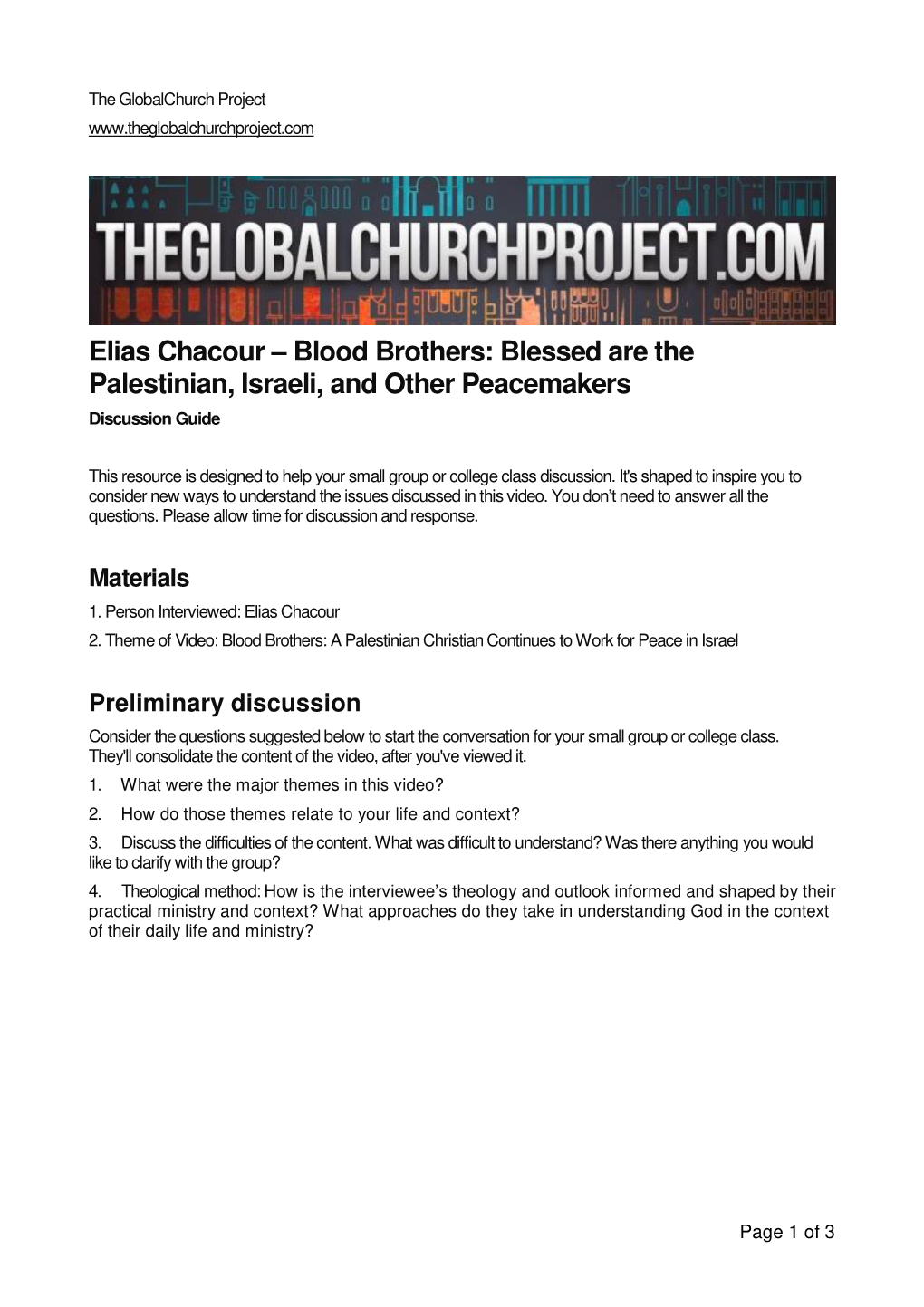 Elias Chacour – Blood Brothers: Blessed Are the Palestinian, Israeli, and Other Peacemakers Discussion Guide