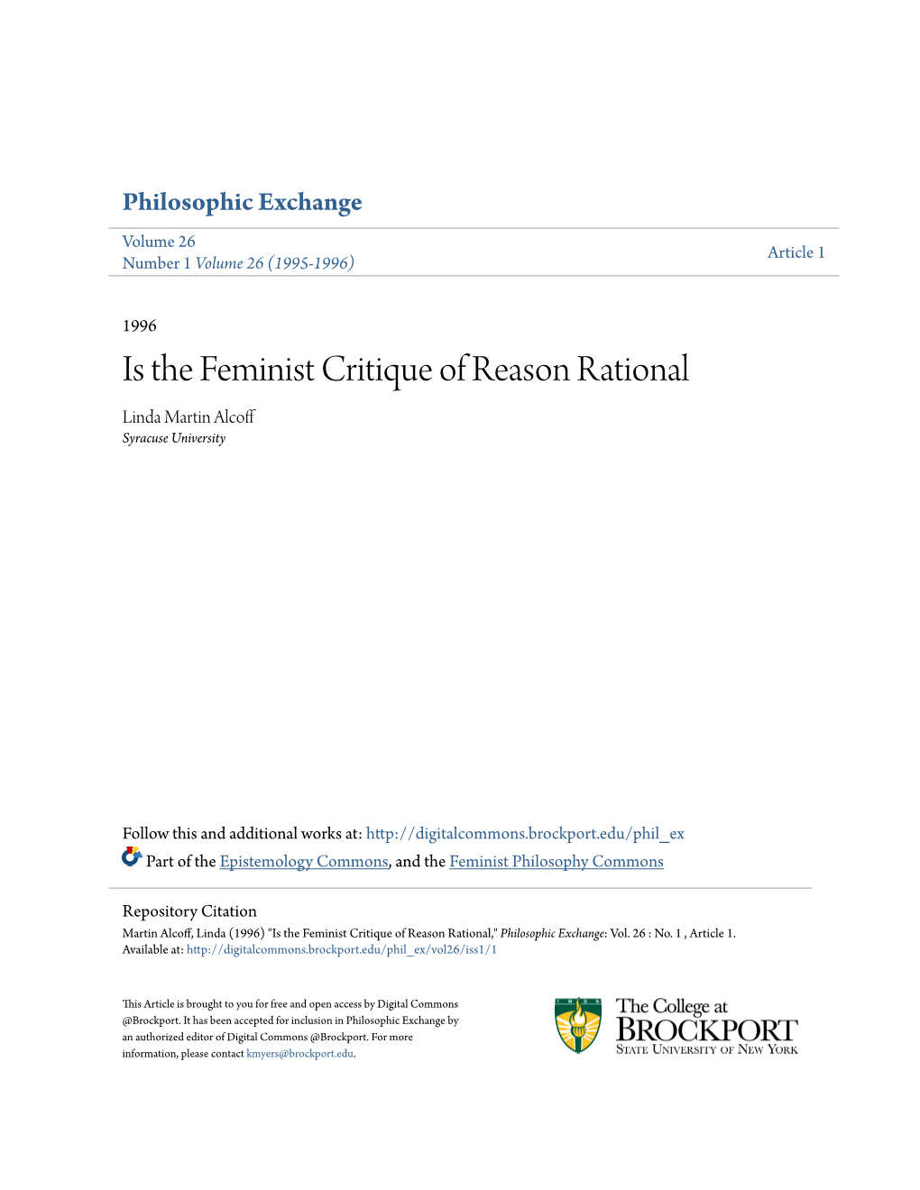 Is the Feminist Critique of Reason Rational Linda Martin Alcoff Syracuse University