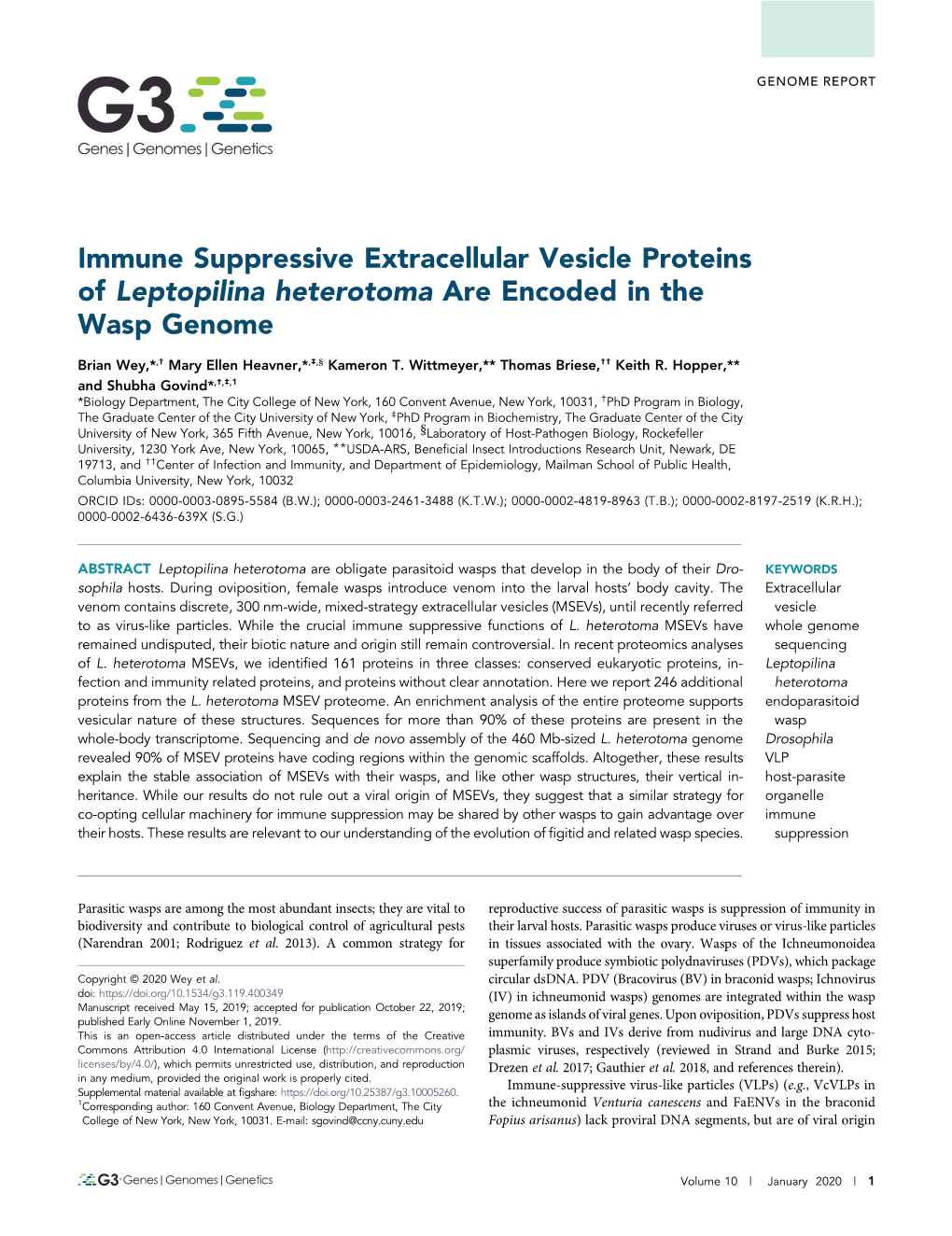 Immune Suppressive Extracellular Vesicle Proteins of Leptopilina Heterotoma Are Encoded in the Wasp Genome