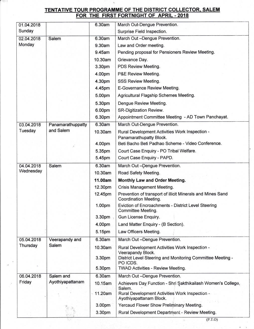 TENTATIVE TOUR PROGRAMME of the DISTRICT COLLECTOR. SALEM for the FIRST FORTNIGHT of APRIL.2Ol8