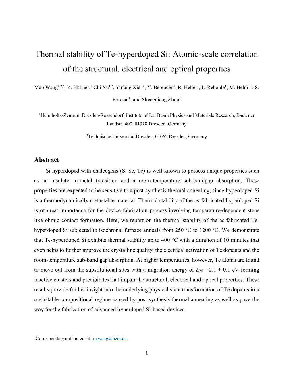 Thermal Stability of Te-Hyperdoped Si: Atomic-Scale Correlation of the Structural, Electrical and Optical Properties