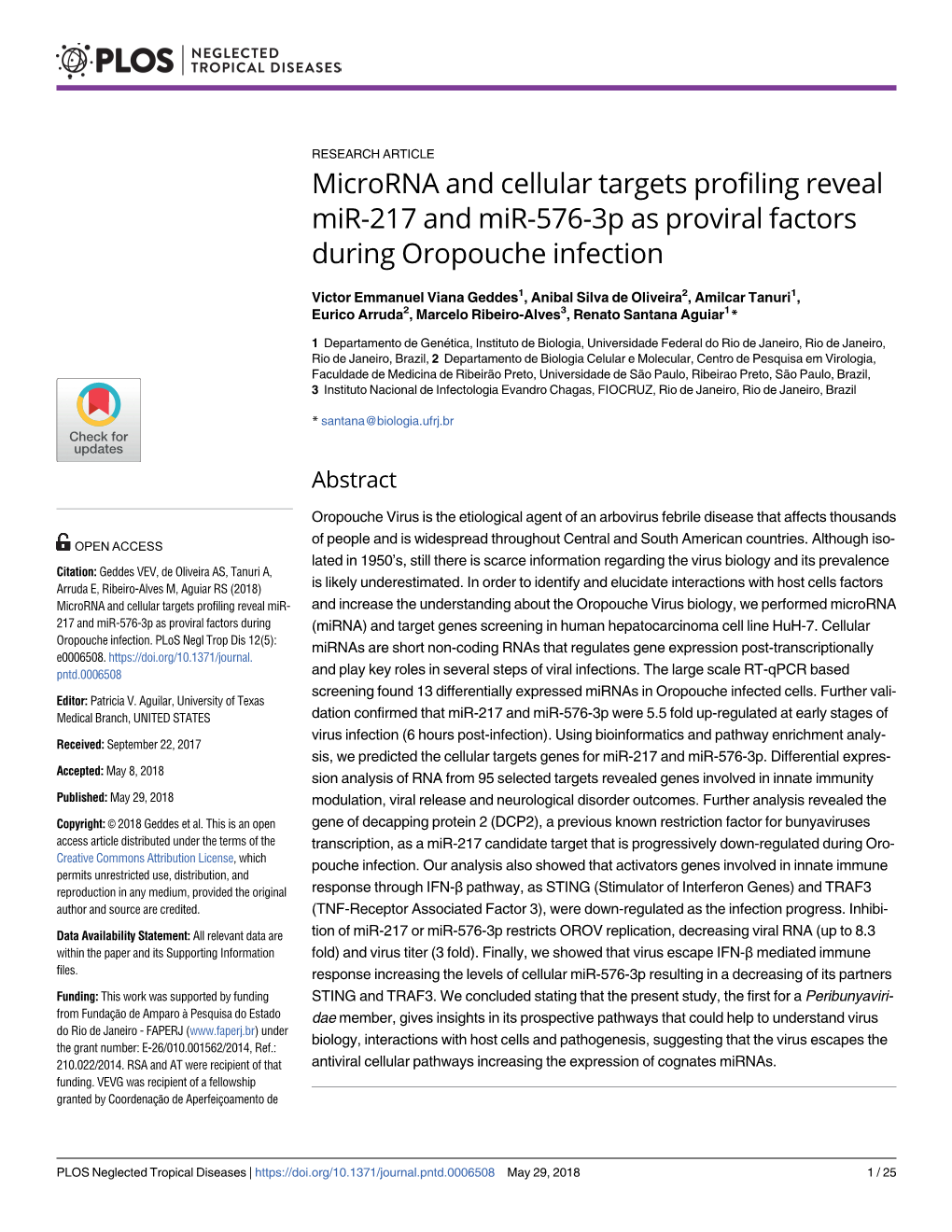 Microrna and Cellular Targets Profiling Reveal Mir-217 and Mir-576-3P As Proviral Factors During Oropouche Infection