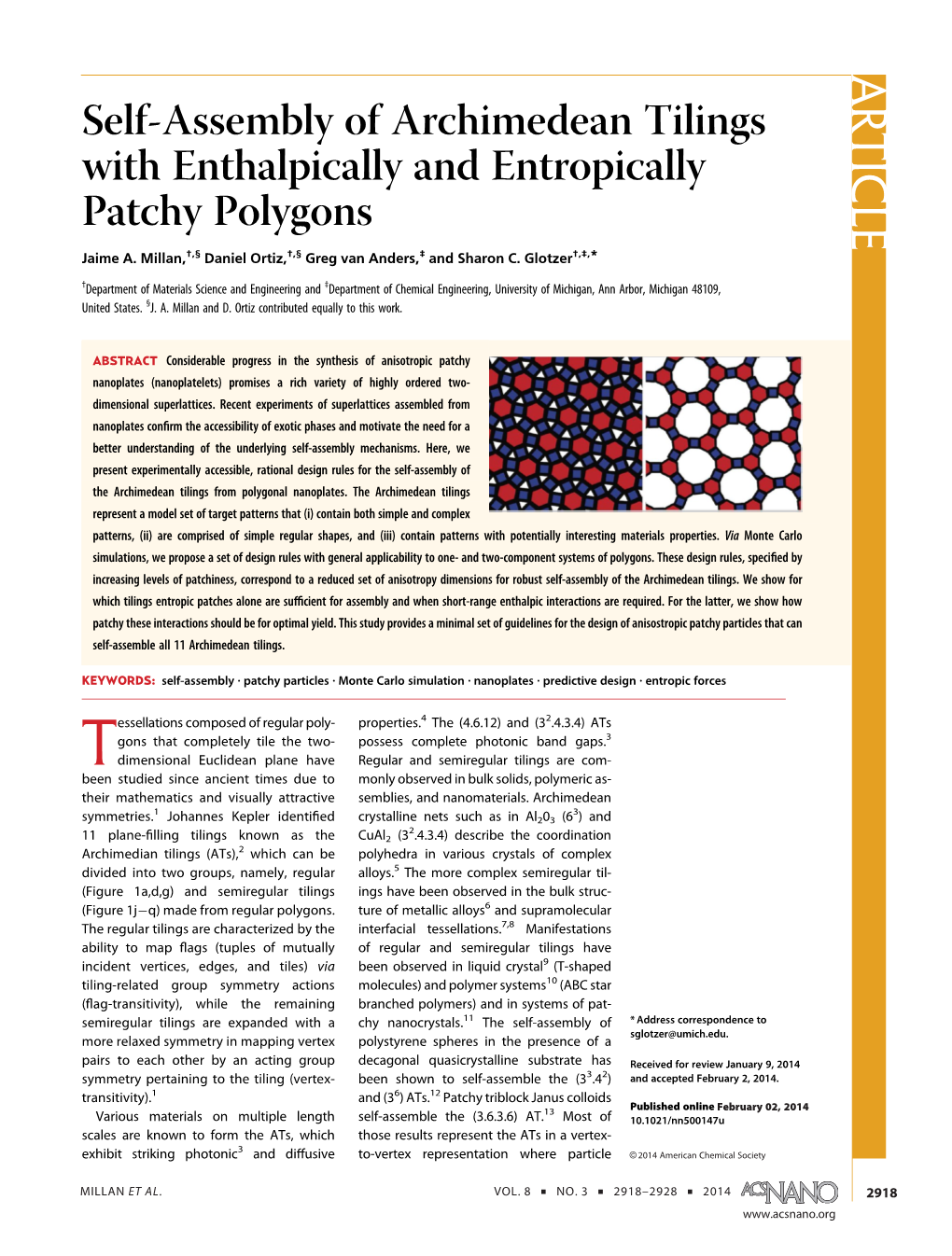 ARTICLE Self-Assembly of Archimedean Tilings with Enthalpically and Entropically Patchy Polygons