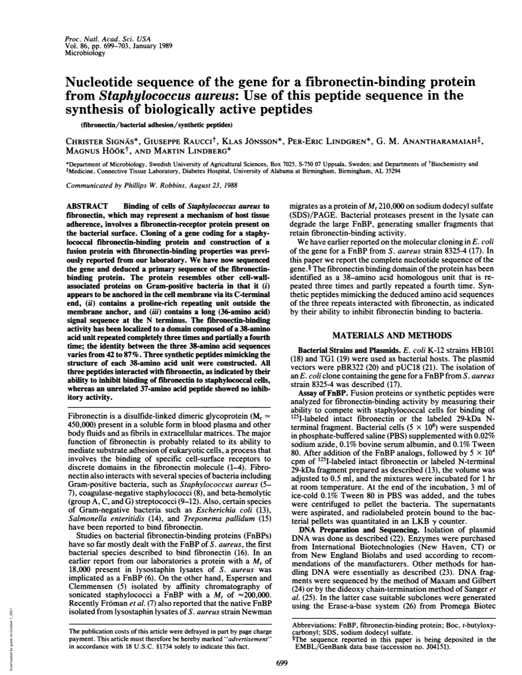 Nucleotide Sequence of the Gene for a Fibronectin-Binding Protein