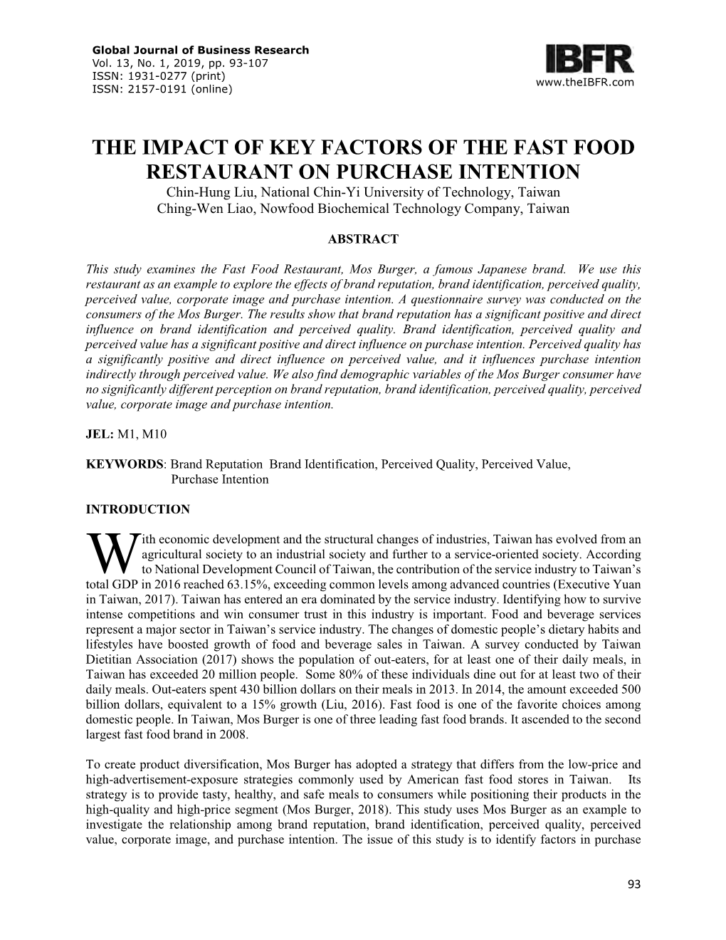 The Impact of Key Factors of the Fast Food Restaurant on Purchase Intention