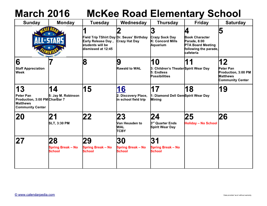 March 2016 Mckee Road Elementary School