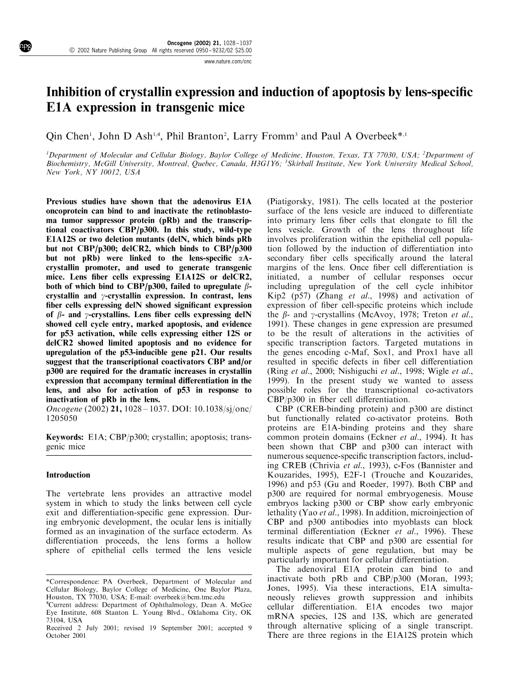 Inhibition of Crystallin Expression and Induction of Apoptosis by Lens-Speci®C E1A Expression in Transgenic Mice