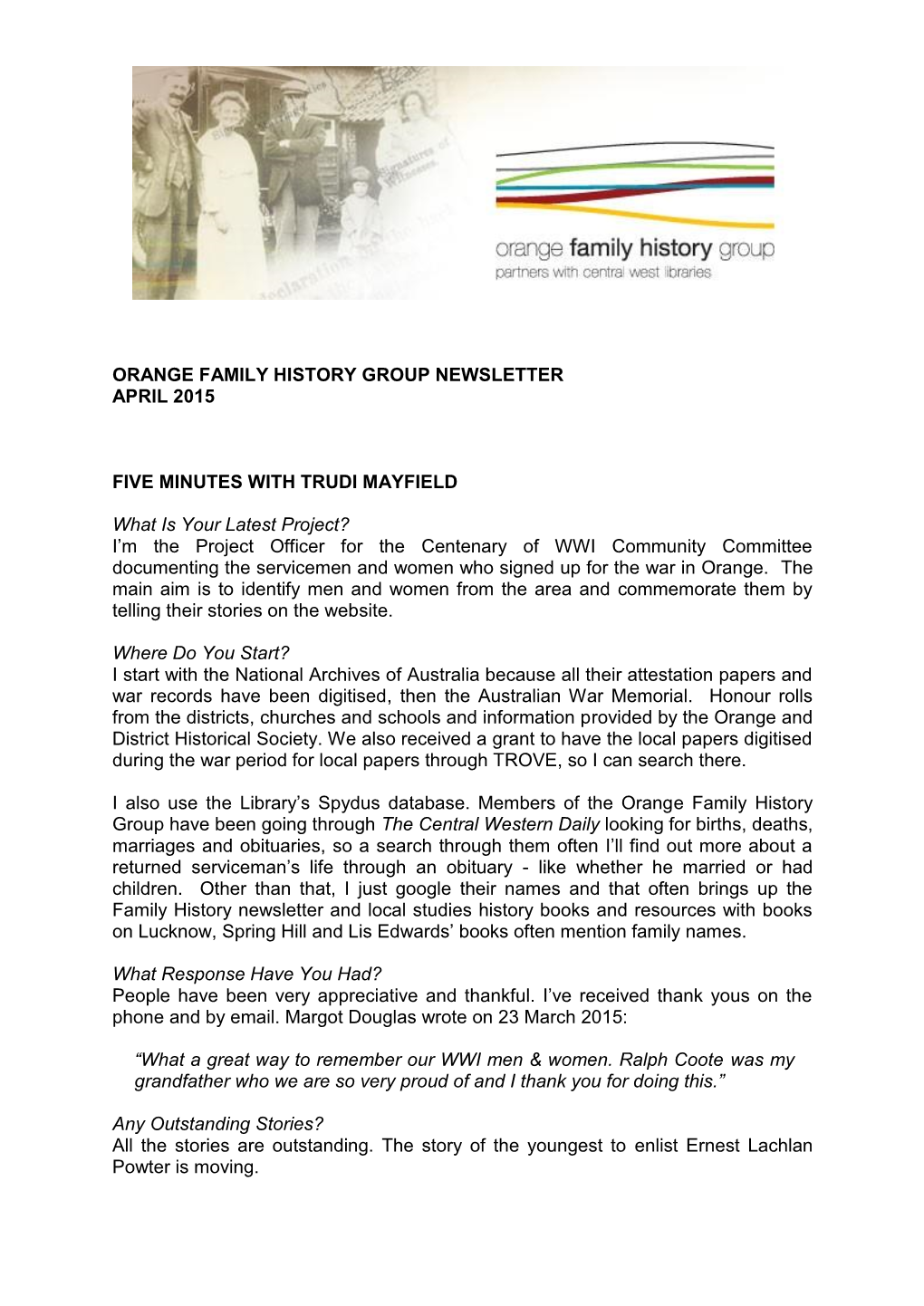 Orange Family History Group Newsletter April 2015 Five