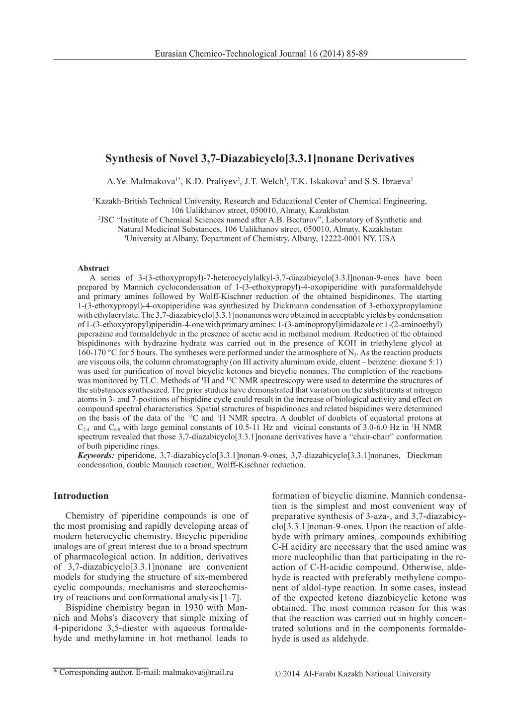 Synthesis of Novel 3,7-Diazabicyclo[3.3.1]Nonane Derivatives