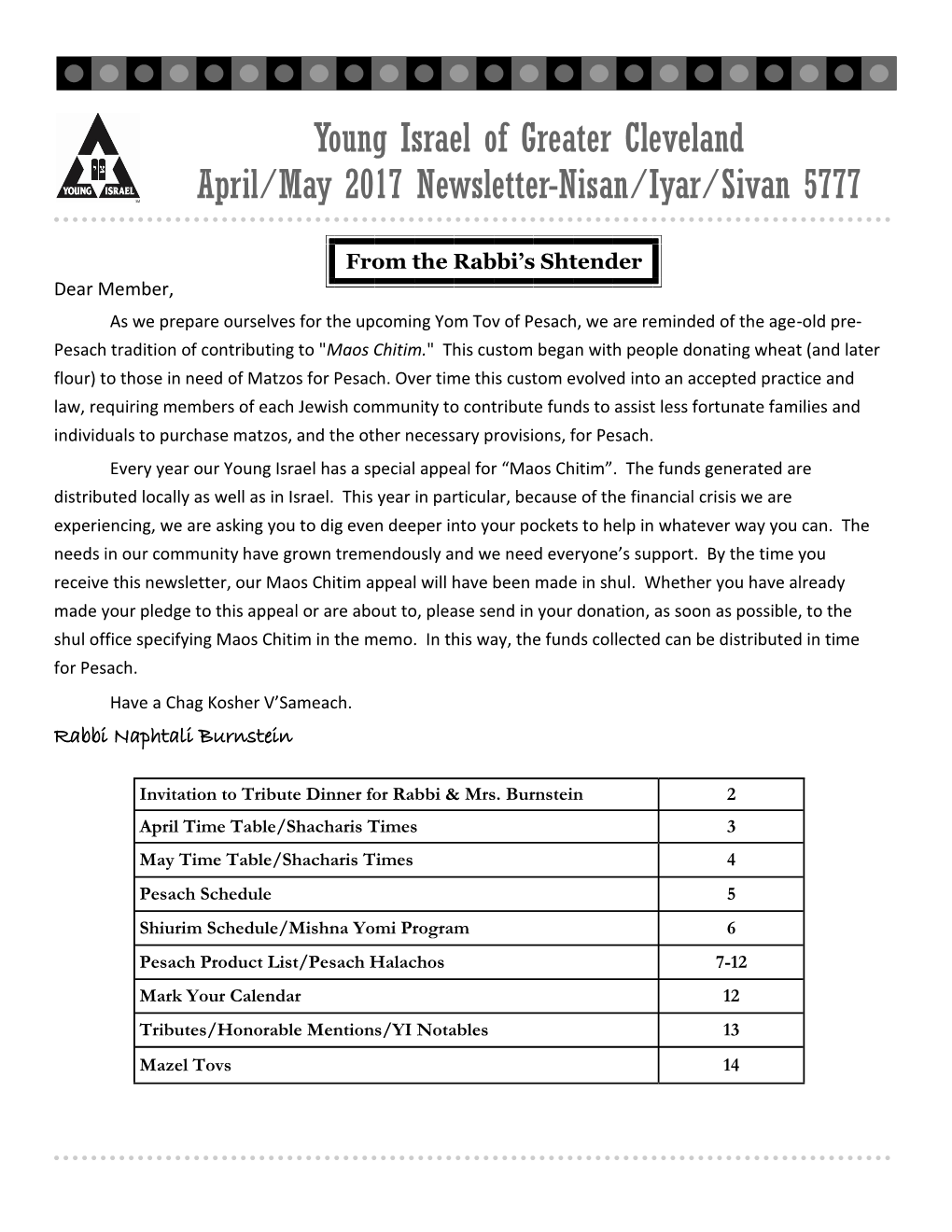 Young Israel of Greater Cleveland April/May 2017 Newsletter-Nisan/Iyar/Sivan 5777